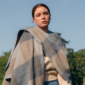 John Hanly 100% Lambswool Cape | Cream Taupe Denim Check | One Size | Ireland